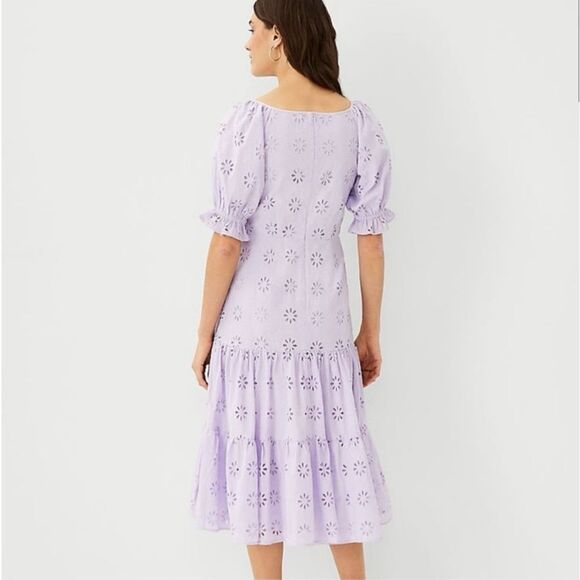 Ann Taylor Dress 18 Purple Eyelet Lace Scoop Neck Maxi Ruffle Puff Sleeve Midi - Picture 8 of 16